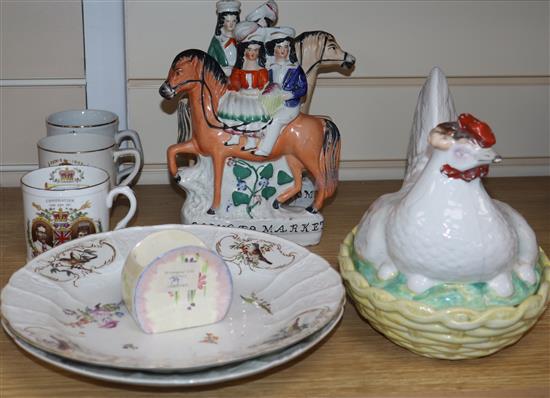 A chicken egg basket, two Staffordshire figure groups etc